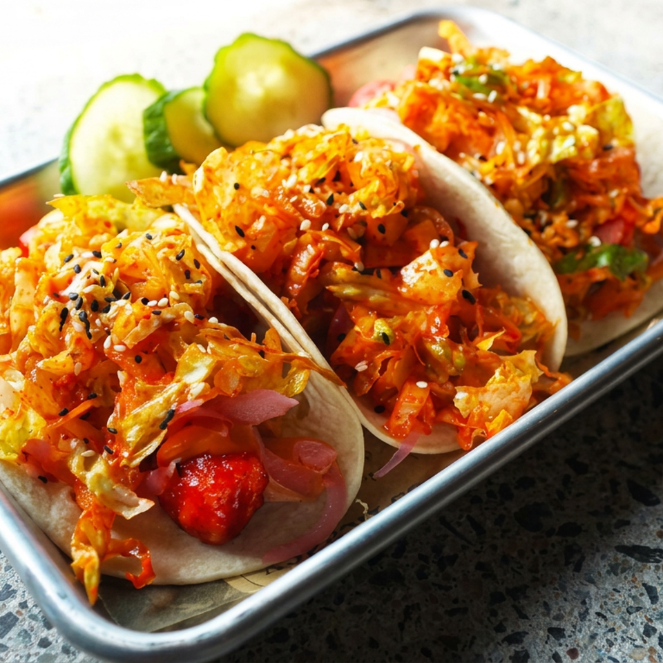 Two soft tacos filled with spicy shredded vegetables, topped with sesame seeds, and served with pickles on a metal tray.