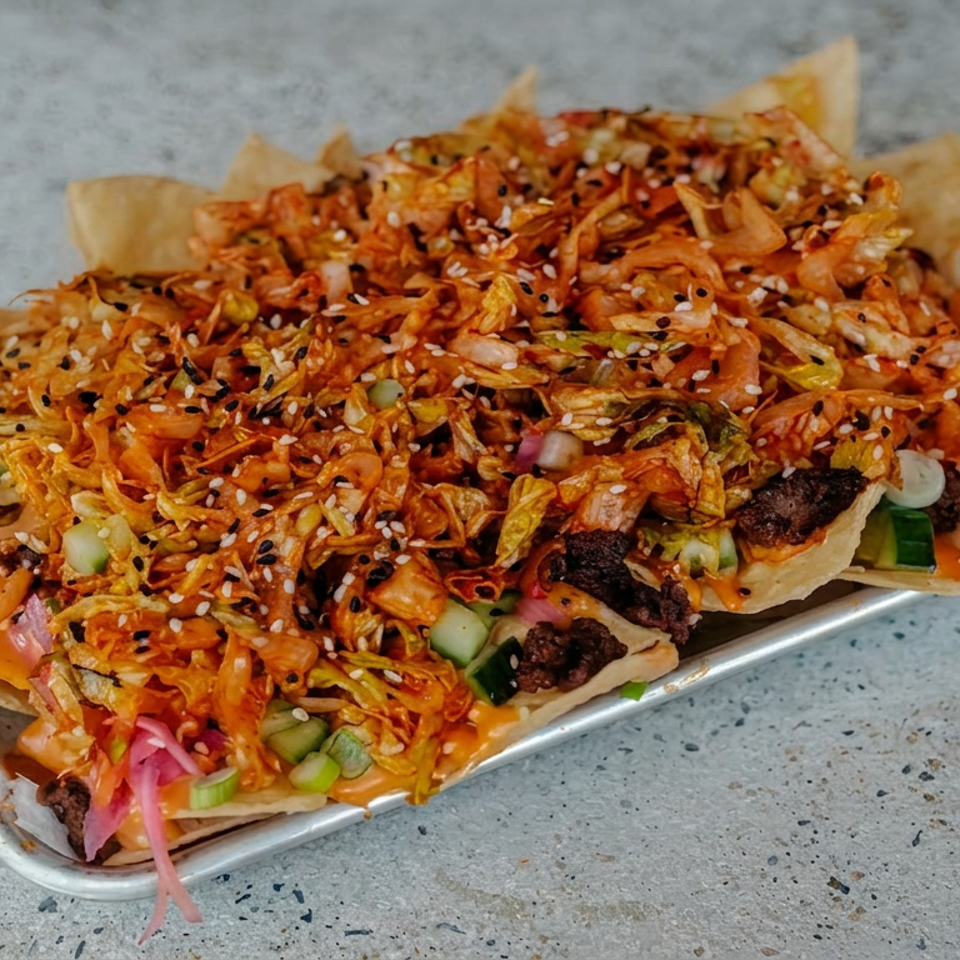 Loaded nachos topped with shredded vegetables, sesame seeds, pickled onions, scallions, and ground meat on a metal tray.