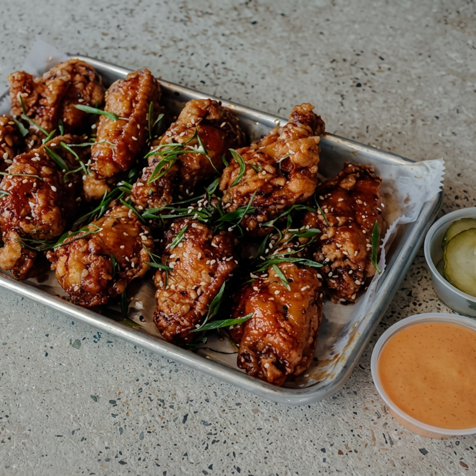Glazed fried chicken wings garnished with sesame seeds and scallions, served with pickles and orange dipping sauce.