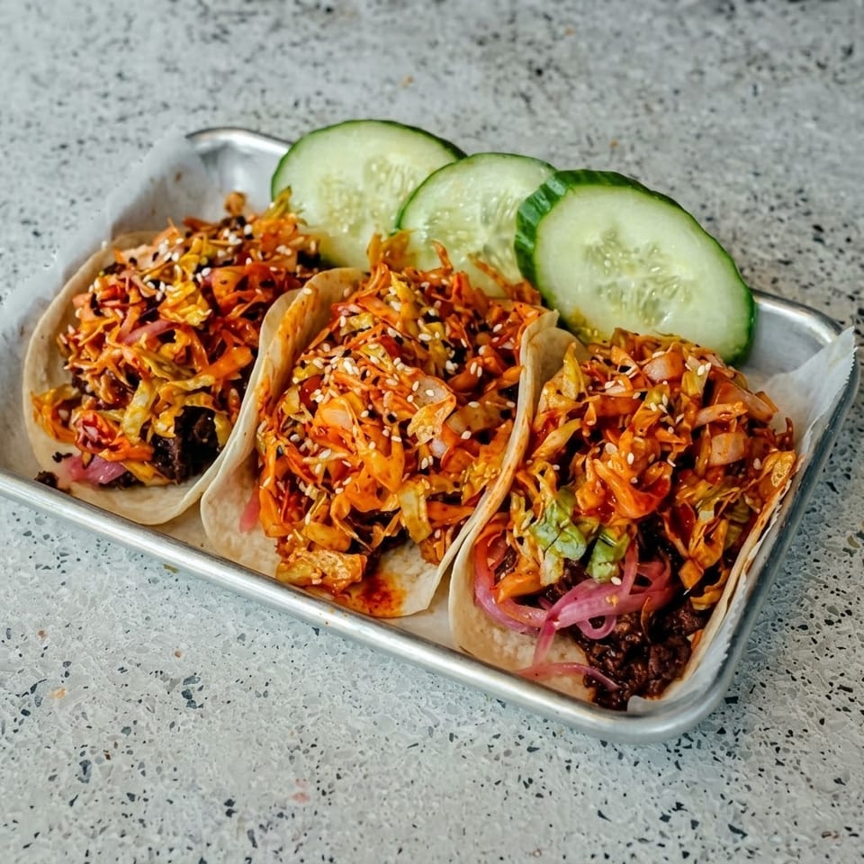 Three tacos filled with spicy shredded vegetables, black beans, pickled onions, and sesame seeds, served with cucumber slices on a metal tray.