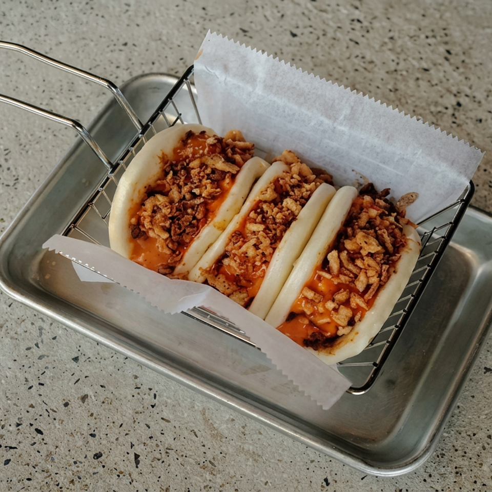 Three steamed buns filled with saucy meat and topped with crispy fried onions in a metal serving basket.